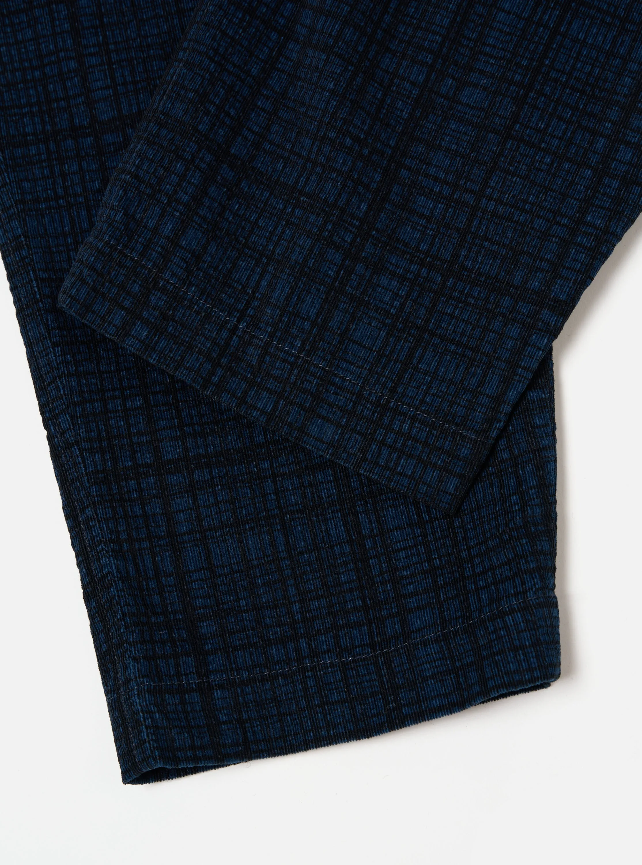 Universal Works Pleated Track Pant in Navy Check Cord Seersucker