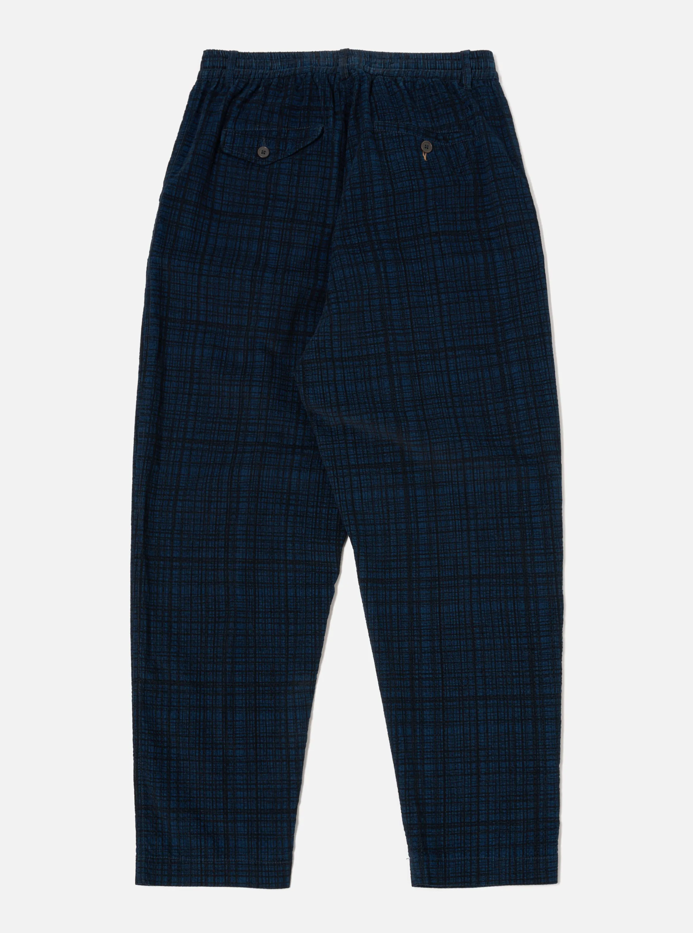 Universal Works Pleated Track Pant in Navy Check Cord Seersucker