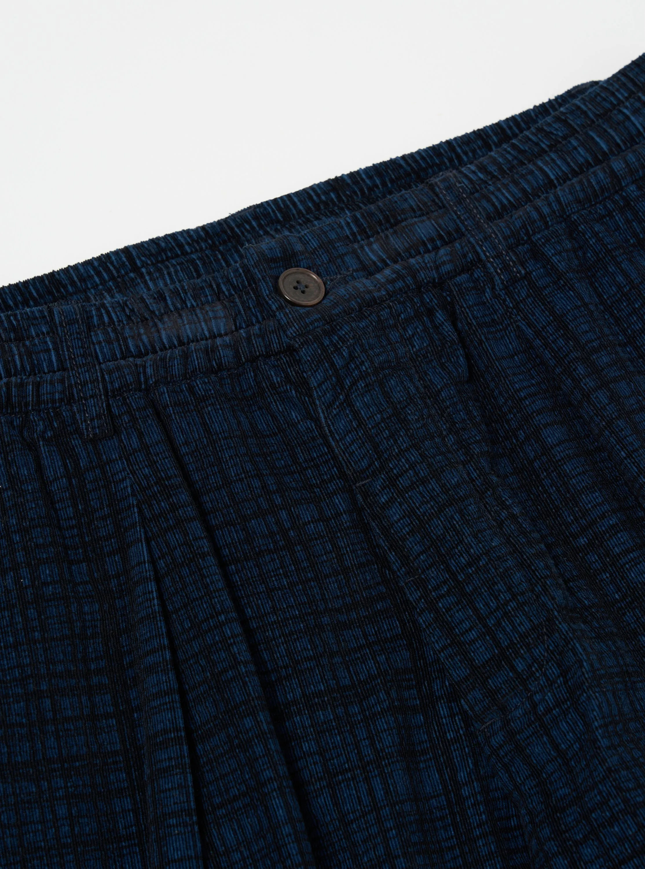 Universal Works Pleated Track Pant in Navy Check Cord Seersucker