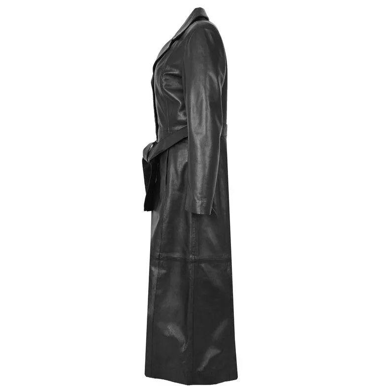 Victorian Four Button Full Length Fashion Coat Leather Black Long Jacket Womens