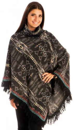 Warm Turtleneck Tribal Geometric Knit Fringe Wrap Shawl Poncho