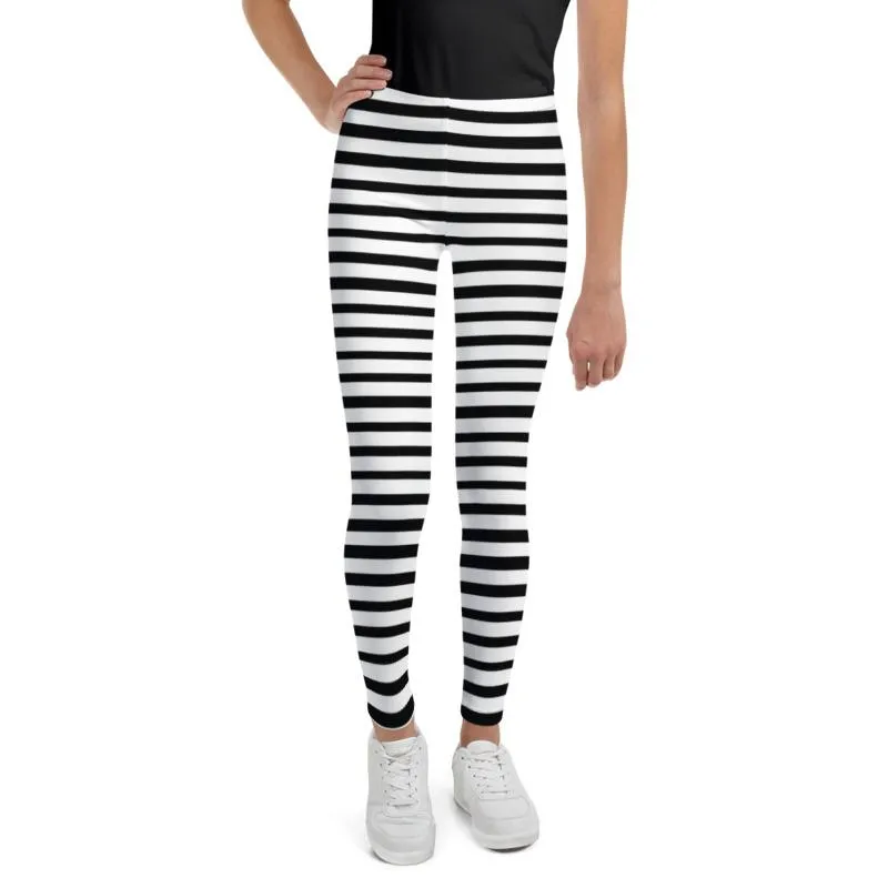 White And Black Horizontal Stripe Print Modern Best Youth Leggings- Made in USA/ EU