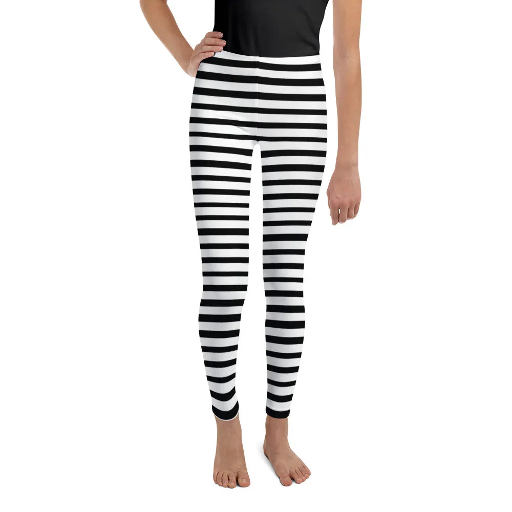 White And Black Horizontal Stripe Print Modern Best Youth Leggings- Made in USA/ EU