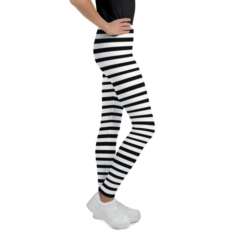 White And Black Horizontal Stripe Print Modern Best Youth Leggings- Made in USA/ EU