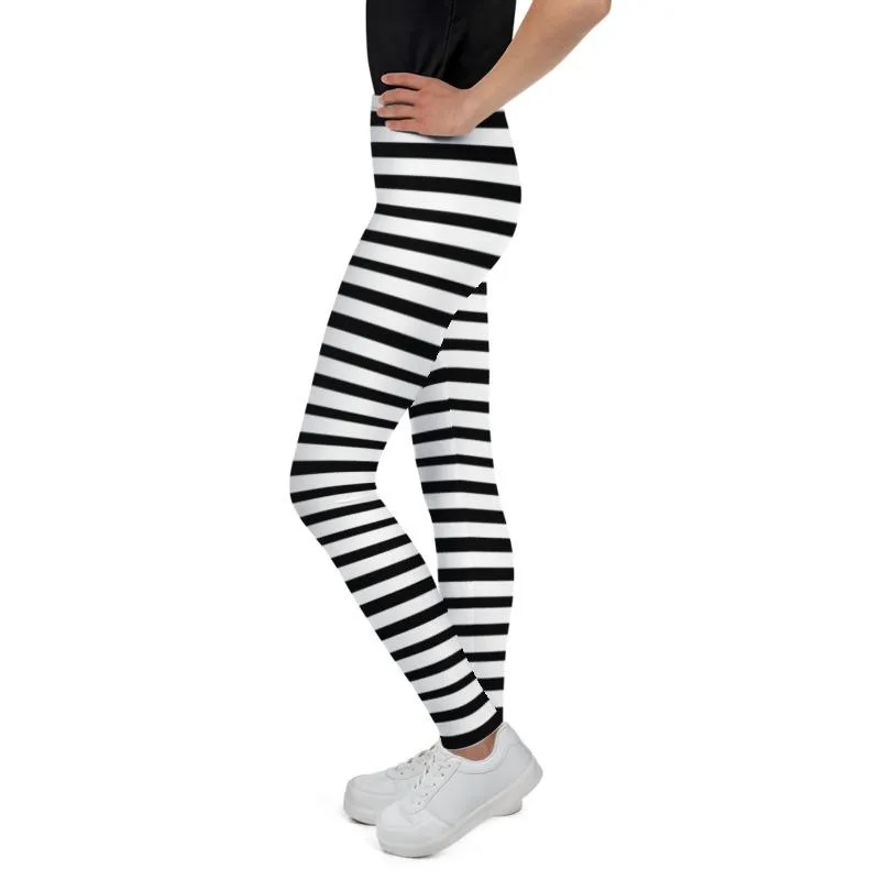 White And Black Horizontal Stripe Print Modern Best Youth Leggings- Made in USA/ EU