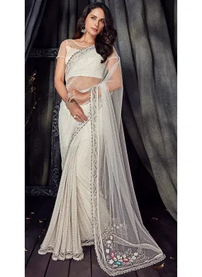 White Overall Floral Embroidered Designer Saree