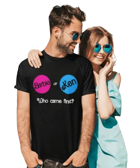 Who Came First Barbie Or Ken Adult Unisex Black or White T-Shirt