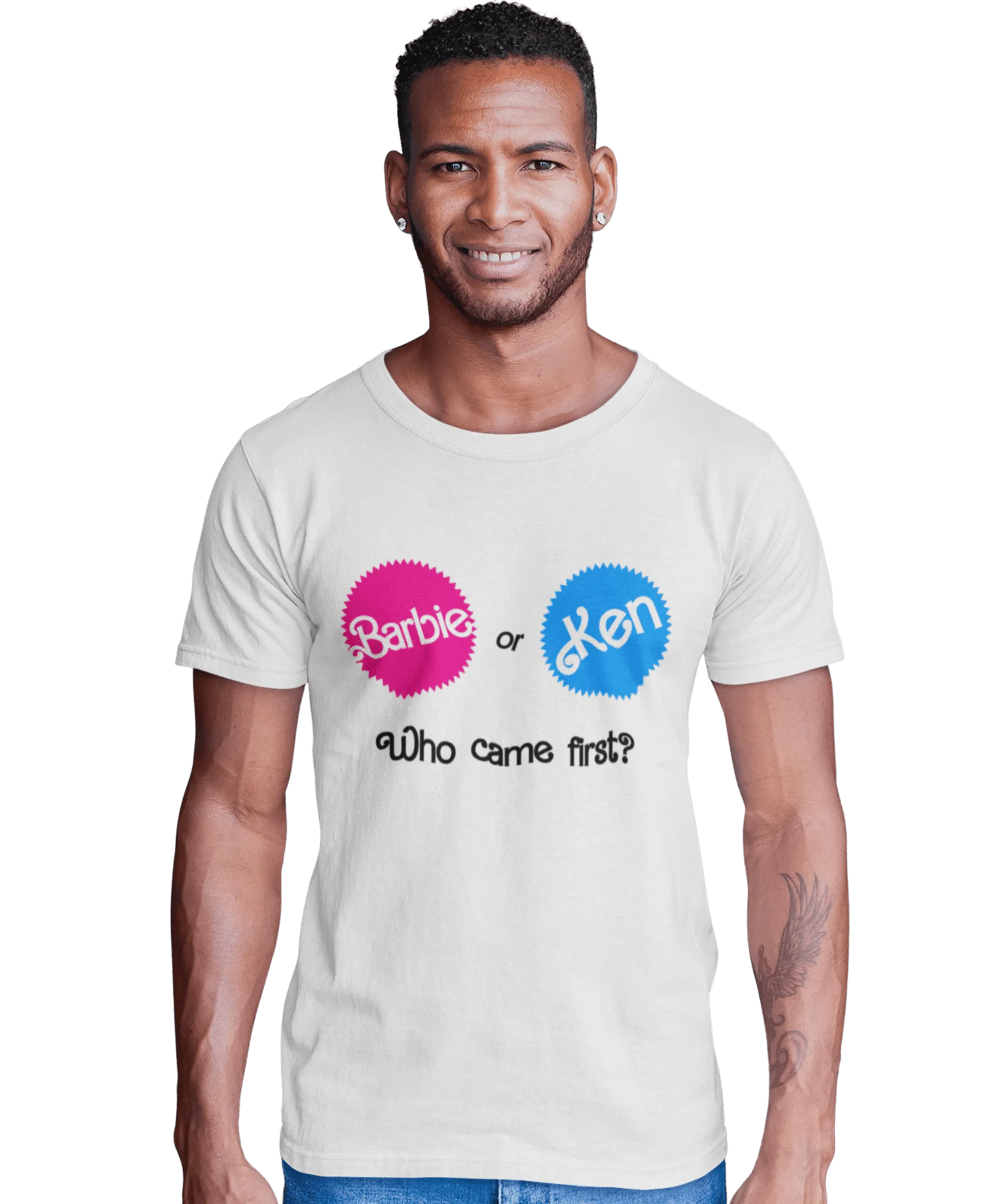 Who Came First Barbie Or Ken Adult Unisex Black or White T-Shirt