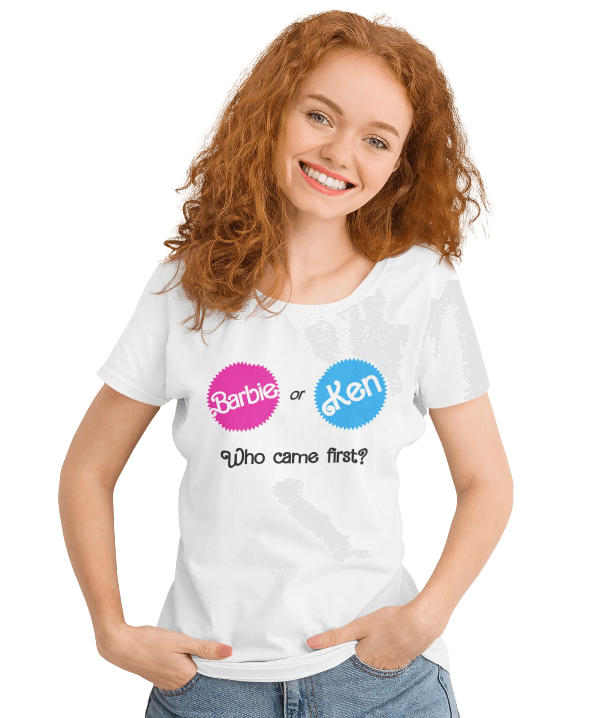 Who Came First Barbie Or Ken Adult Unisex Black or White T-Shirt