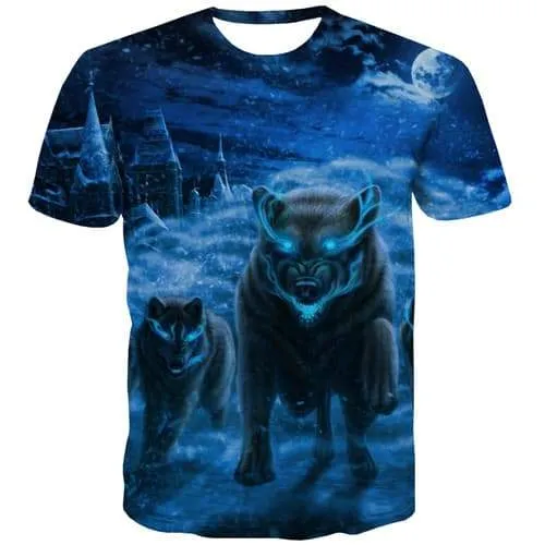 Wolf T shirts Men War T shirts Funny Animal T-shirts 3d Blue Flame T-shirts Graphic Forest Tshirt Anime Short Sleeve Fashion