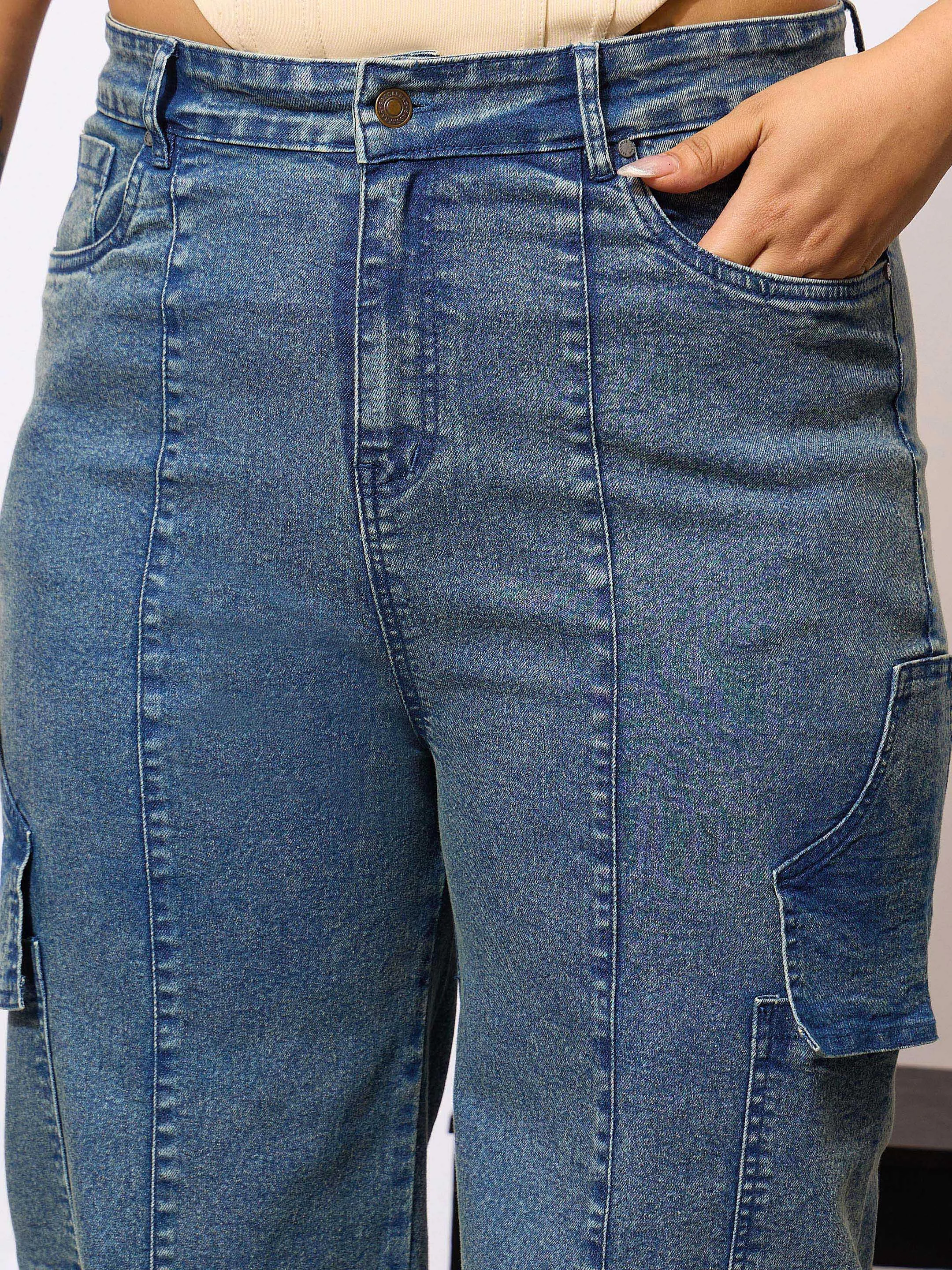 Women Blue Denim Acid Wash Flap Pocket Cargo Jeans