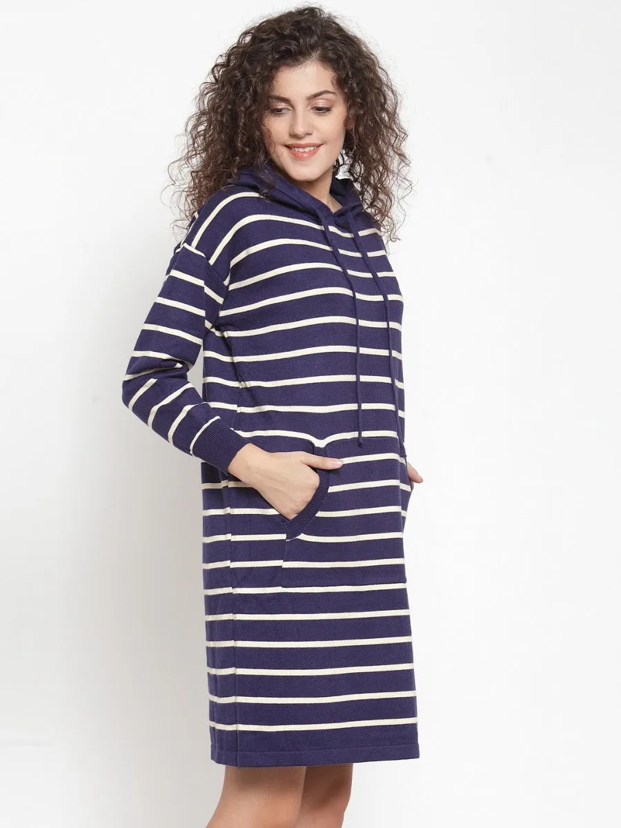 Women Striped Navy Blue Hood Tunic