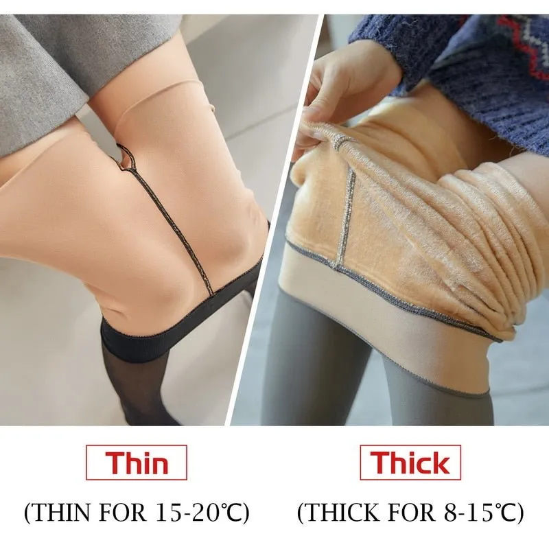 Women Winter Warm Fleece Leggings - High Waist Thermal Tights, Stockings for Women, Ladies with Fake Translucent Pantyhose