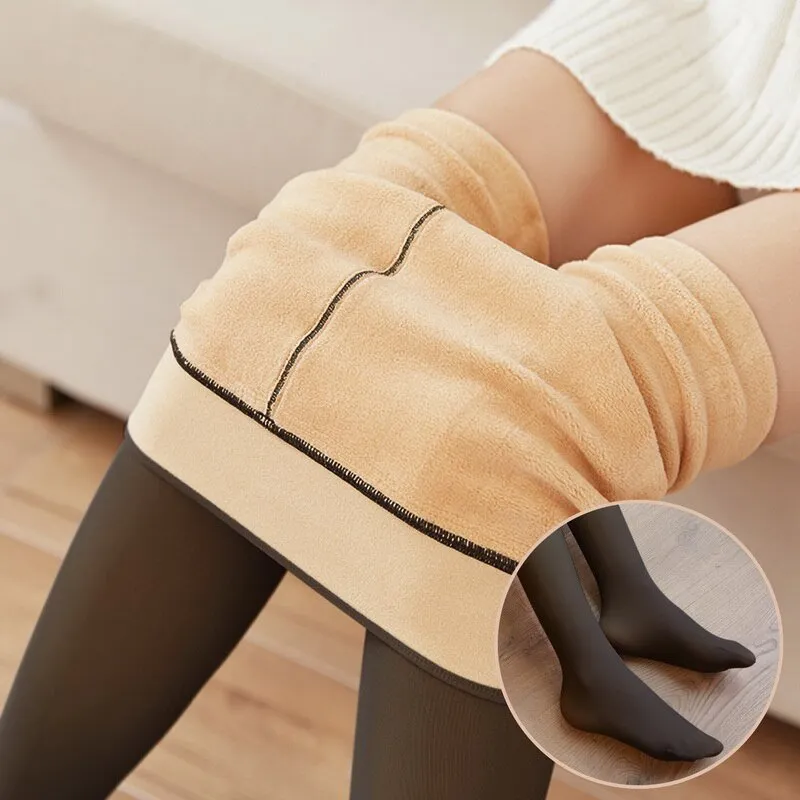 Women Winter Warm Fleece Leggings - High Waist Thermal Tights, Stockings for Women, Ladies with Fake Translucent Pantyhose