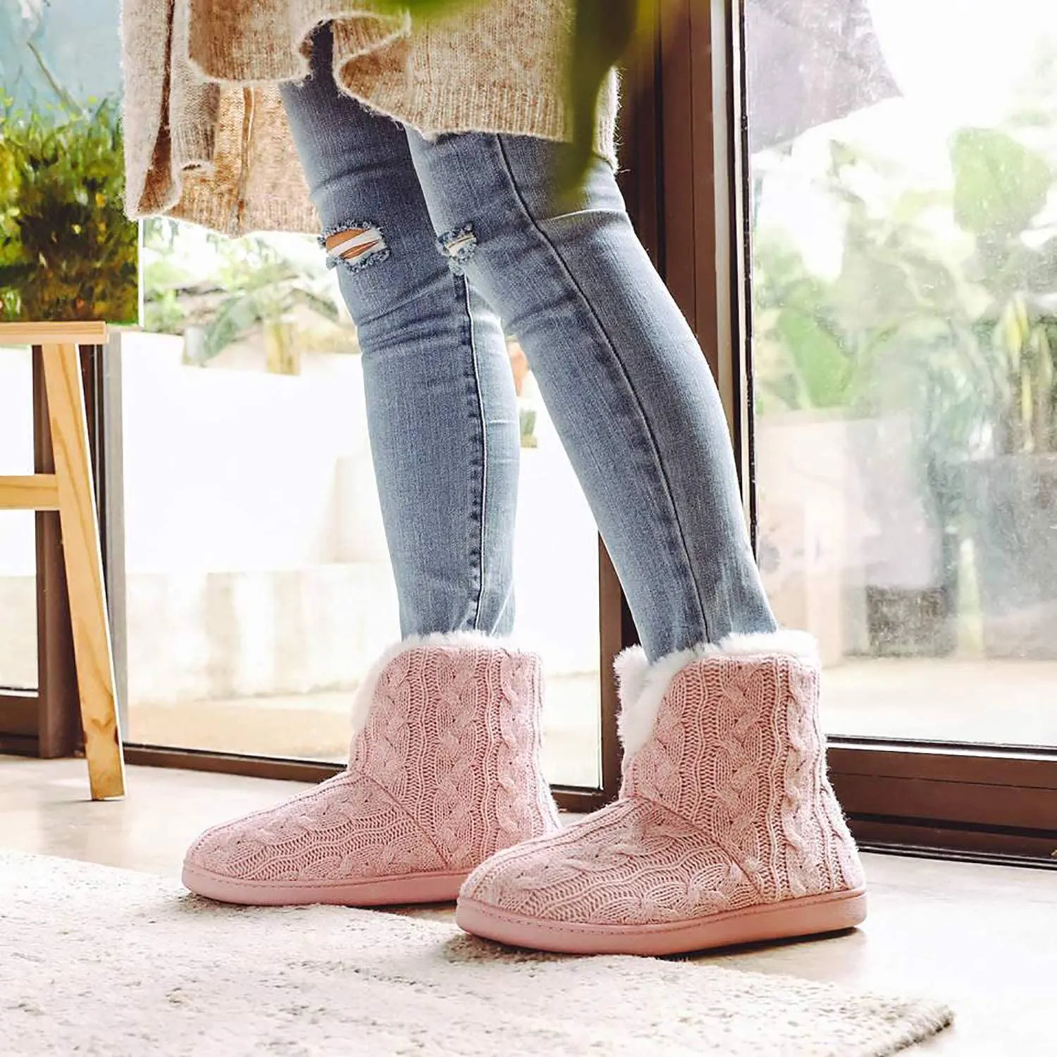 Women's Cosy Cable Knit Memory Foam Slipper Boots