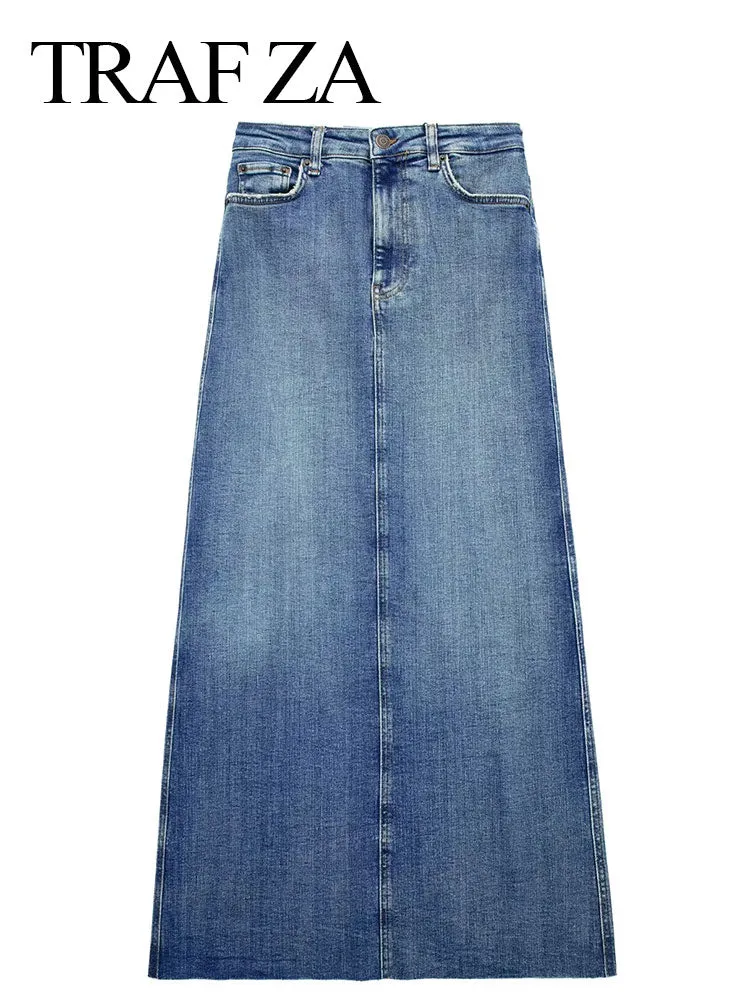 Women's Front Slit Blue Denim Skirt Pockets High Waist Slim Zipper Fly Midi Skirts Spring Female Casual Streetwear