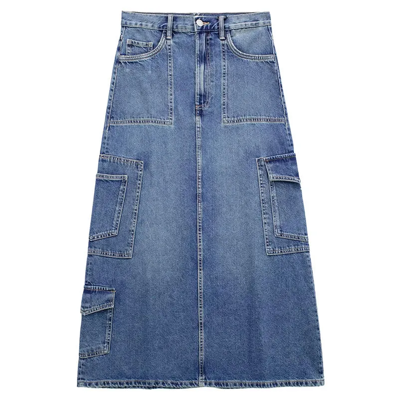 Women's Front Slit Blue Denim Skirt Pockets High Waist Slim Zipper Fly Midi Skirts Spring Female Casual Streetwear