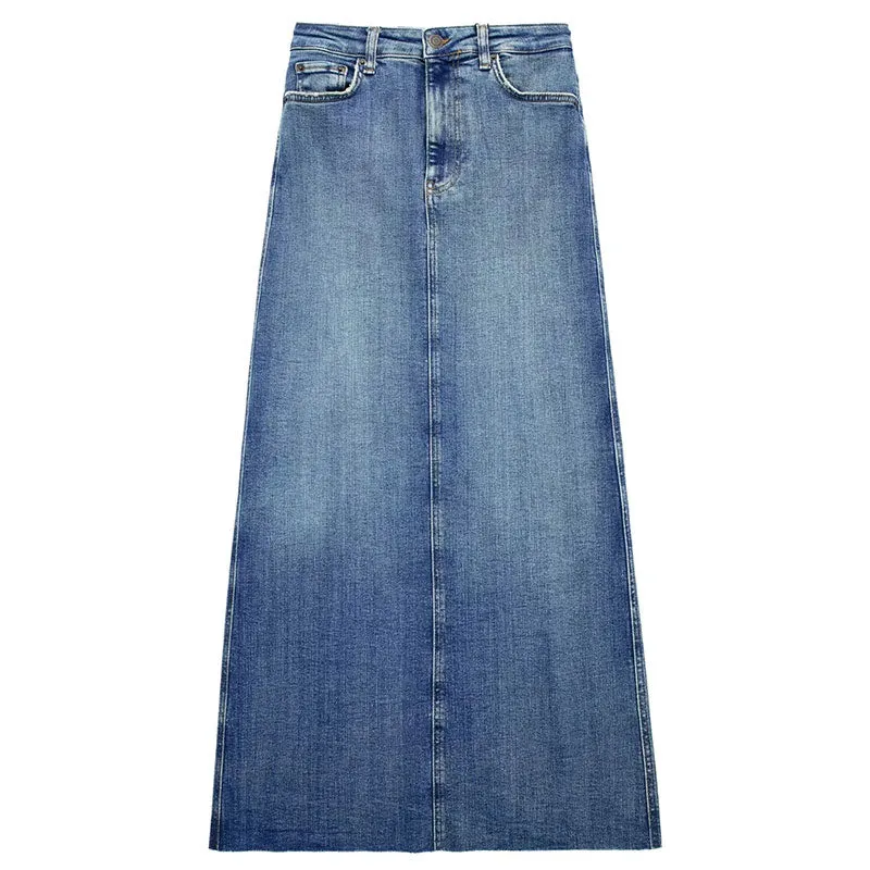 Women's Front Slit Blue Denim Skirt Pockets High Waist Slim Zipper Fly Midi Skirts Spring Female Casual Streetwear