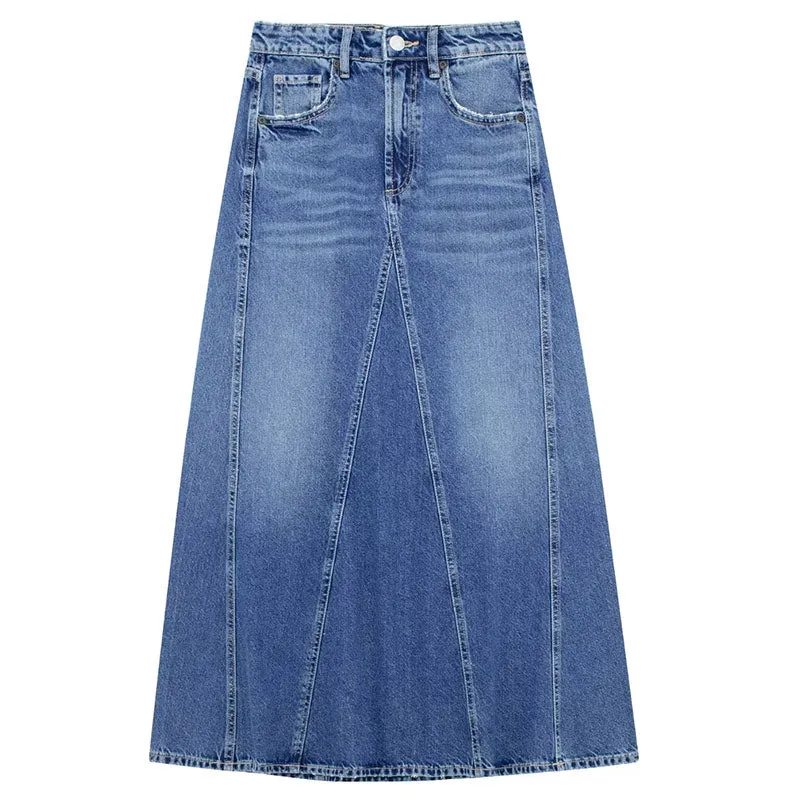 Women's Front Slit Blue Denim Skirt Pockets High Waist Slim Zipper Fly Midi Skirts Spring Female Casual Streetwear