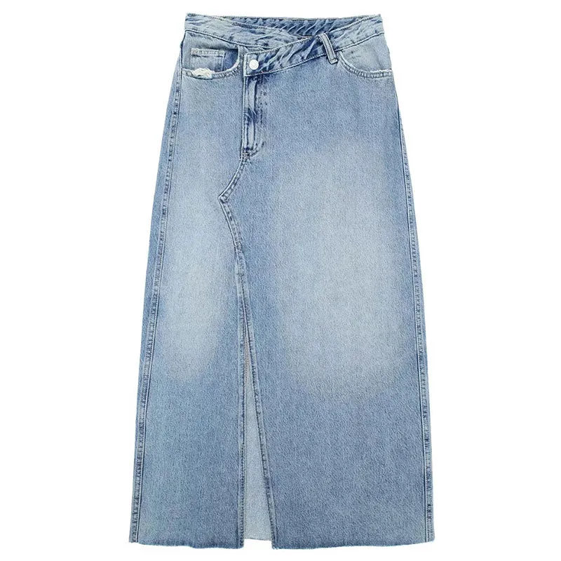 Women's Front Slit Blue Denim Skirt Pockets High Waist Slim Zipper Fly Midi Skirts Spring Female Casual Streetwear