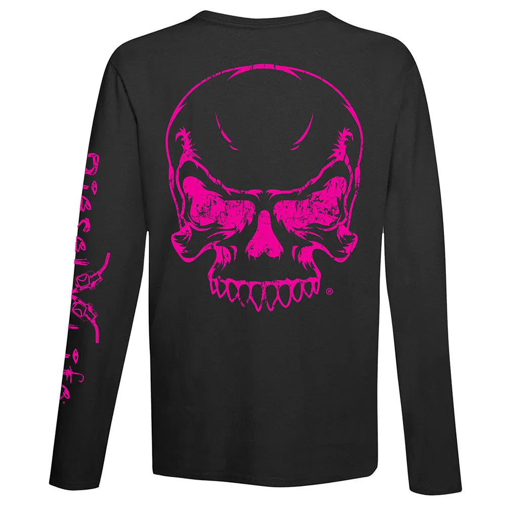 Women's Full Skull Long Sleeve T-Shirt - Black with Pink Imprint