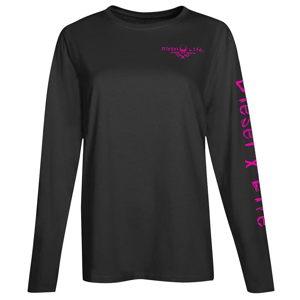 Women's Full Skull Long Sleeve T-Shirt - Black with Pink Imprint