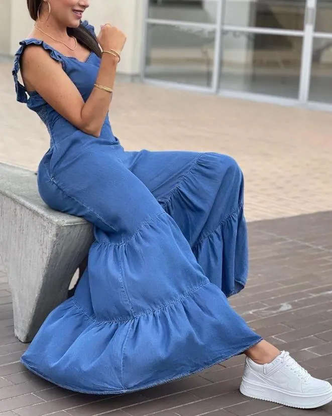 Women's Jumpsuit 2023 Summer Fashion Sleeveless Frill Hem Shirred Casual Sweetheart Neck Plain Wide Leg Long Flared Leg Jumpsuit