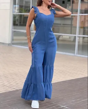 Women's Jumpsuit 2023 Summer Fashion Sleeveless Frill Hem Shirred Casual Sweetheart Neck Plain Wide Leg Long Flared Leg Jumpsuit