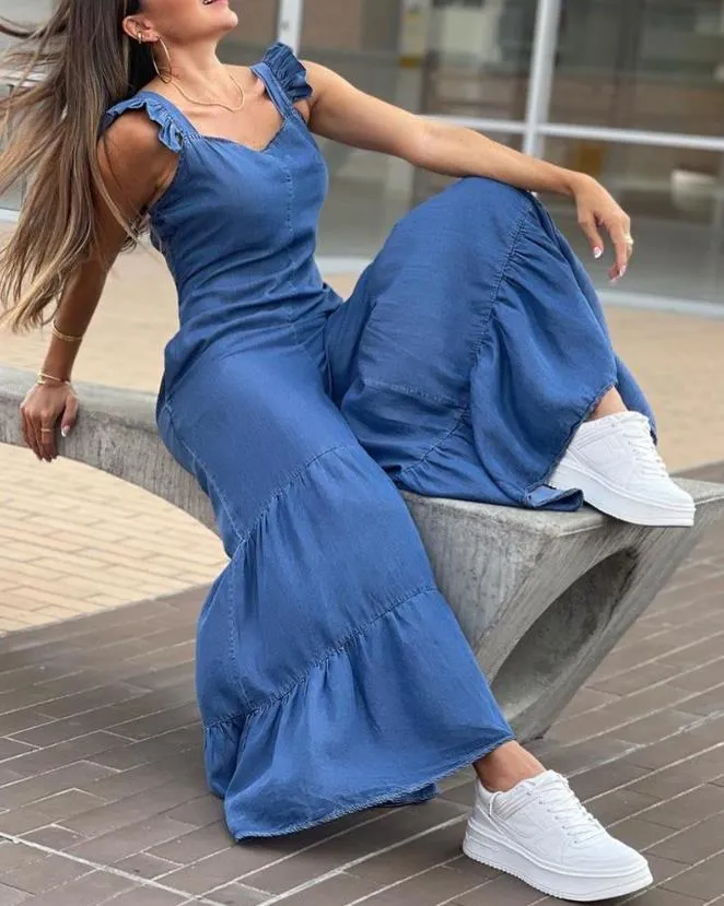 Women's Jumpsuit 2023 Summer Fashion Sleeveless Frill Hem Shirred Casual Sweetheart Neck Plain Wide Leg Long Flared Leg Jumpsuit