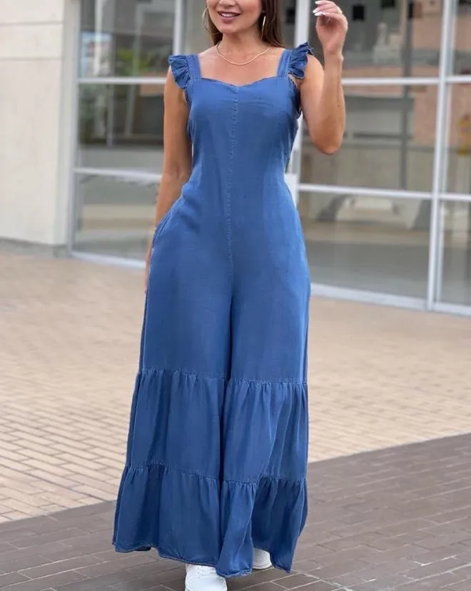 Women's Jumpsuit 2023 Summer Fashion Sleeveless Frill Hem Shirred Casual Sweetheart Neck Plain Wide Leg Long Flared Leg Jumpsuit