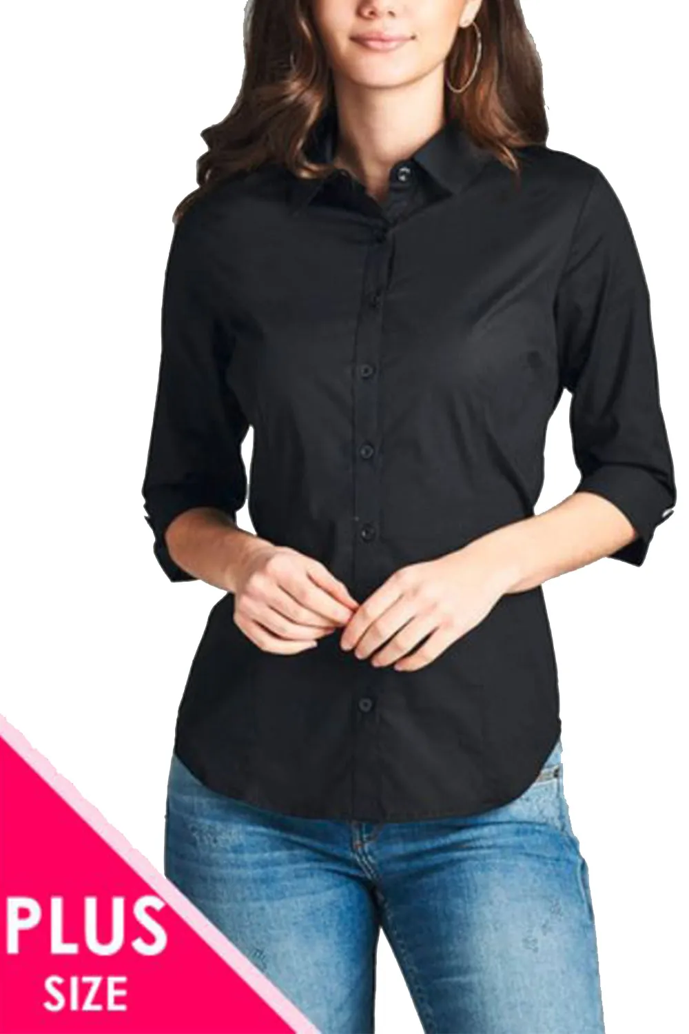 Womens Plus 3/4 Formal Button Down Shirt