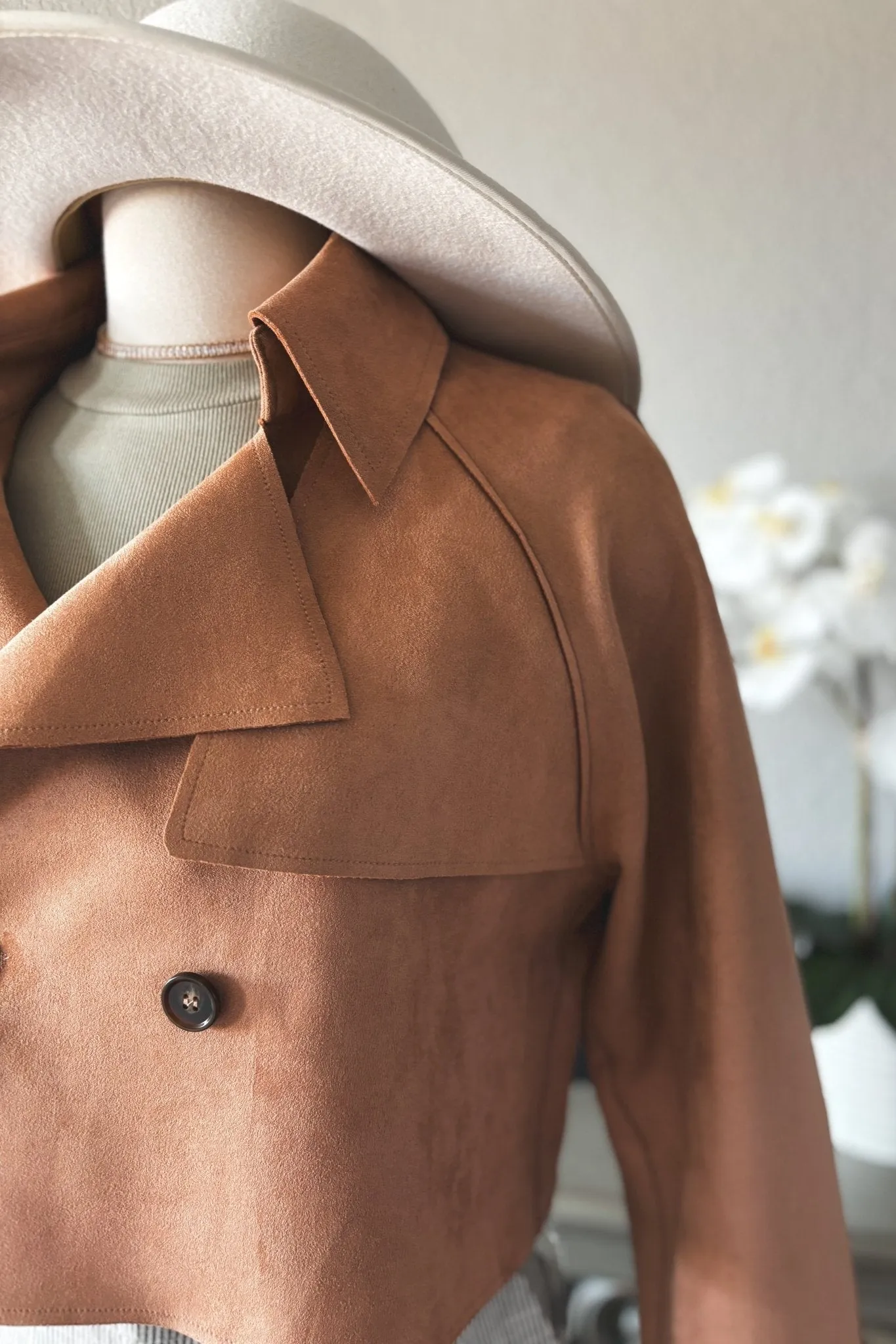 Women's Suede Cropped Trench Coat | Sage The Label | Camel Brown