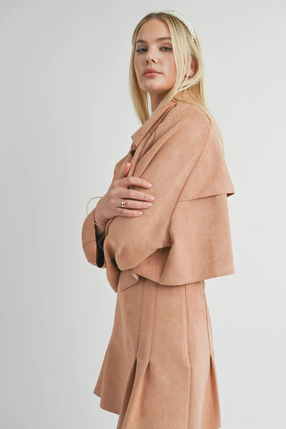 Women's Suede Cropped Trench Coat | Sage The Label | Camel Brown